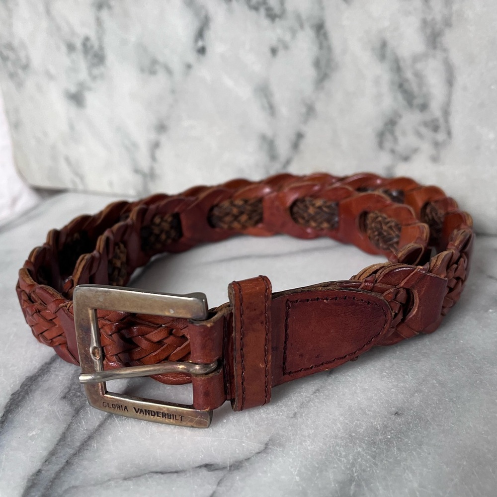 VTG Brown Leather Braided Belt Gloria Vanderbilt 39.5”